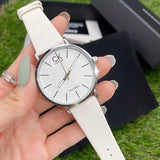 Buy Shop Calvin Klein Post Minimal Silver Dial White Leather Strap Watch for Men - K7621126 USA Online