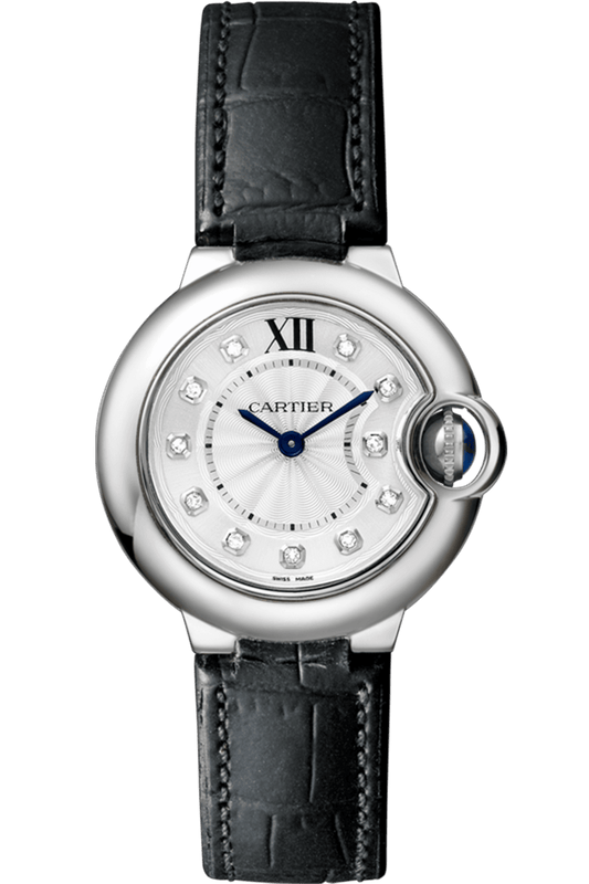 Buy Shop Cartier Ballon Bleu de Cartier Diamonds Silver Dial Black Leather Strap Watch for Women - W4BB0008 USA Online