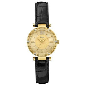 Buy Shop Guess Park Avenue Quartz Gold Dial Black Leather Strap Watch For Women - W0838L1 USA Online