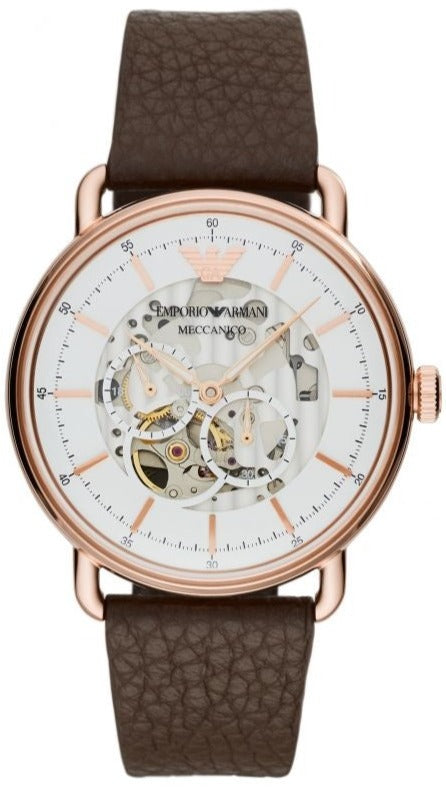 Buy Shop Emporio Armani Meccanico Automatic White Dial Brown Leather Strap Watch For Men - AR60027 USA Online