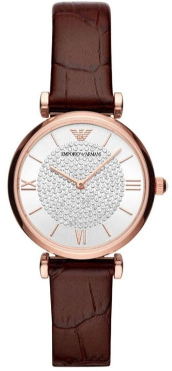 Buy Shop Emporio Armani Gianni T-Bar Silver Dial Brown Leather Strap Watch For Women - AR11269 USA Online