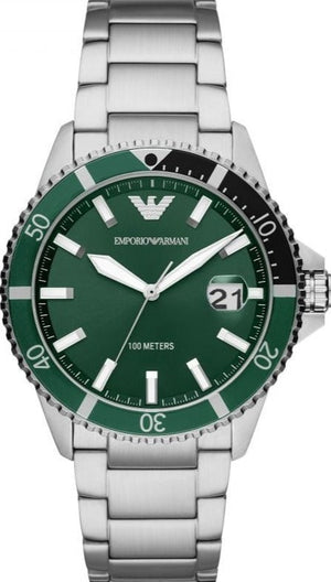 Emporio Armani Three Hand Green Dial Silver Steel Strap Watch For Men - AR11338