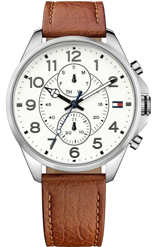 Buy Shop Tommy Hilfiger Dean Quartz Multifunction White Dial Brown Leather Strap Watch for Men - 1791274 USA Online