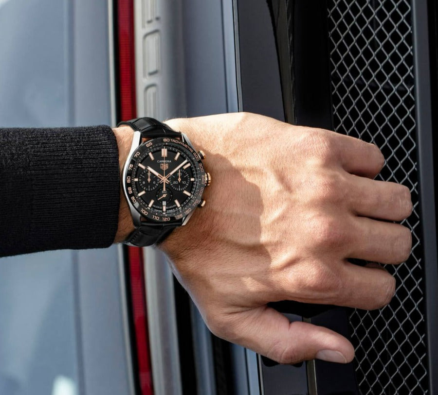 Buy Shop Tag Heuer Carrera Chronograph Black Dial Black Leather Strap Watch for Men - CBN2A5A.FC6481 USA Online
