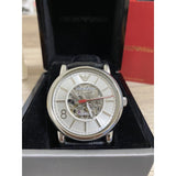 Buy Shop Emporio Armani Meccanico Silver Skeleton Dial Black Leather Watch For Men - AR1997 USA Online