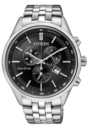 Buy Shop Citizen Eco Drive Chronograph Black Dial Silver Steel Strap Watch For Men - AT2140-55E USA Online