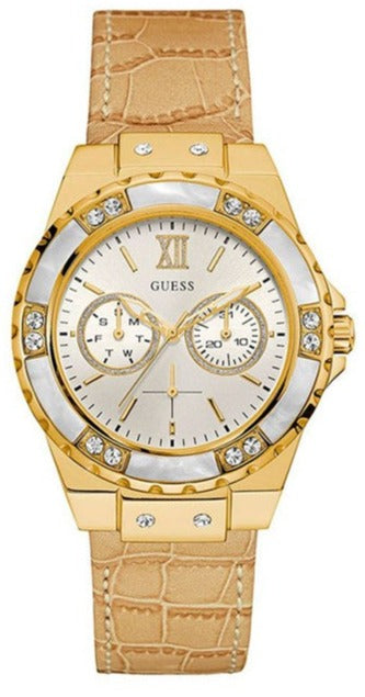 Buy Shop Guess Limelight Quartz Silver Dial Golden Leather Strap Watch For Women - W0775L2 USA Online