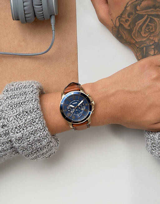 Buy Shop Fossil Grant Sport Chronograph Blue Dial Brown Leather Strap Watch for Men - FS5268 USA Online