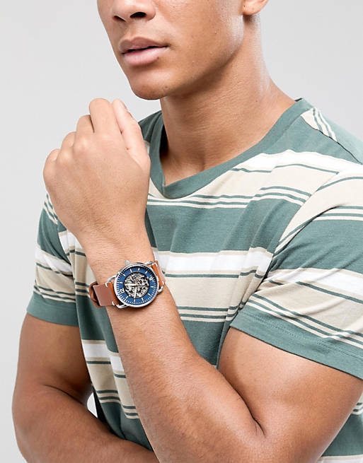 Buy Shop Fossil Commuter Automatic Skeleton Blue Dial Brown Leather Strap Watch for Men - ME3159 USA Online