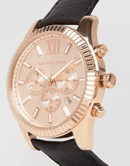 Buy Shop Michael Kors Lexington Chronograph Rose Gold Dial Black Leather Strap Watch For Men - MK8516 USA Online