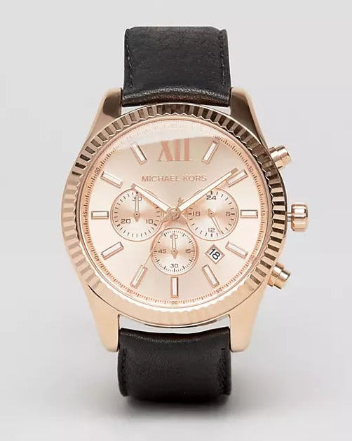 Buy Shop Michael Kors Lexington Chronograph Rose Gold Dial Black Leather Strap Watch For Men - MK8516 USA Online