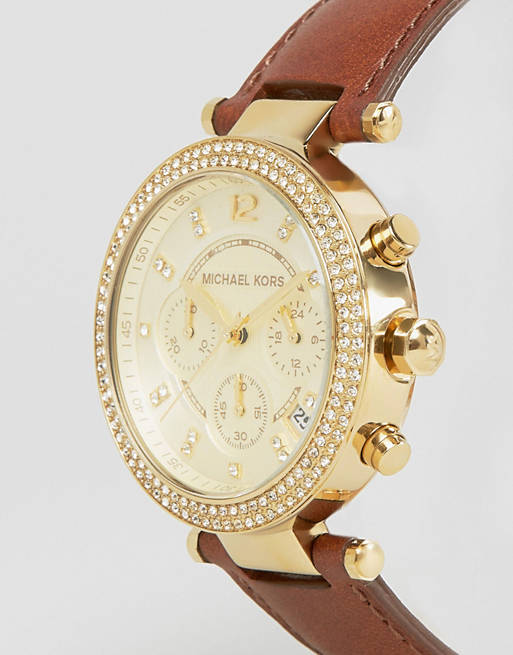 Buy Shop Michael Kors Parker Champagne Gold Dial Brown Leather Strap Watch for Women - MK2249 USA Online