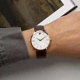 Movado Ultra Slim White Dial Brown Leather Strap Watch For Men - 0607089