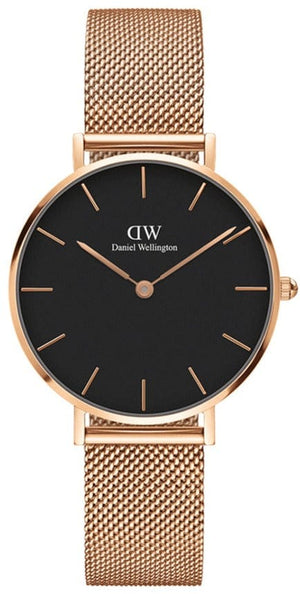 Buy Shop Daniel Wellington Classic Melrose Black Dial Rose Gold Mesh Bracelet Watch For Women - DW00100161 USA Online