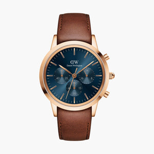 Buy Shop Daniel Wellington Iconic Chronograph Blue Dial Brown Leather Strap Watch For Men - DW00100639 USA Online