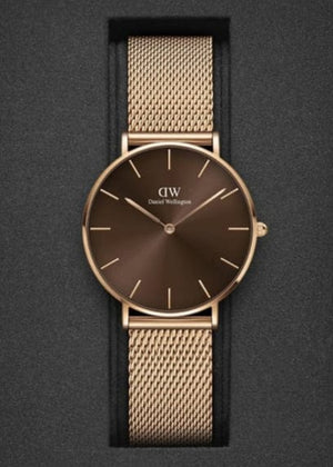 Buy Shop Daniel Wellington Petite Amber Brown Dial Rose Gold Mesh Strap Watch for Women - DW00100478 USA Online