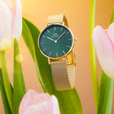 Buy Shop Daniel Wellington Petite Emerald Green Dial Gold Mesh Strap Watch For Women - DW00100480 USA Online