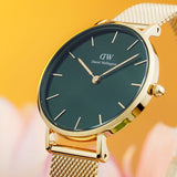 Buy Shop Daniel Wellington Petite Emerald Green Dial Gold Mesh Strap Watch For Women - DW00100480 USA Online