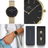 Buy Shop Daniel Wellington Petite Evergold Black Dial Gold Mesh Strap Watch For Women - DW00100345 USA Online