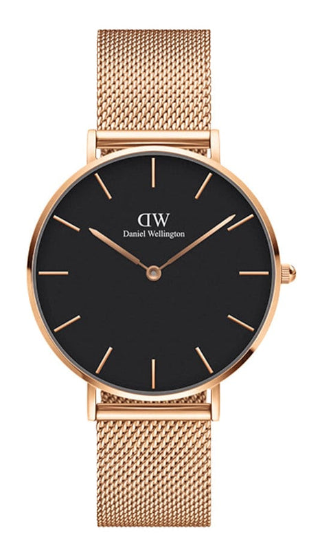 Buy Shop Daniel Wellington Petite Melrose Black Dial Rose Gold Mesh Strap Watch For Women - DW00100303 USA Online
