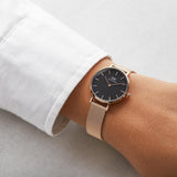 Buy Shop Daniel Wellington Classic Petite Melrose Black Dial Rose Gold Mesh Bracelet Watch For Women - DW00100217 USA Online