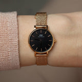 Buy Shop Daniel Wellington Petite Pressed Melrose Black Dial Rose Gold Mesh Strap Watch For Women - DW00100440 USA Online
