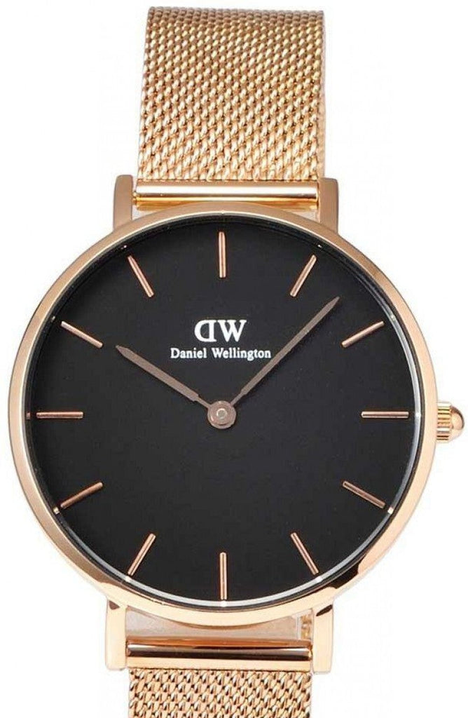 Buy Shop Daniel Wellington Classic Melrose Black Dial Rose Gold Mesh Bracelet Watch For Women - DW00100161 USA Online