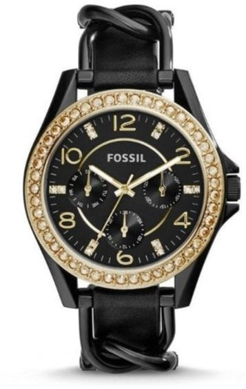 Buy Shop Fossil Riley Black Dial Black Leather Strap Watch for Women - ES3696 USA Online