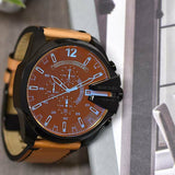 Diesel Mega Chief Chronograph Black Dial Brown Leather Strap Watch For Men - DZ4476