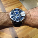 Buy Shop Diesel Mega Chief Chronograph Blue Dial Black Leather Strap Watch For Men - DZ4423 USA Online