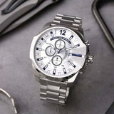 Diesel Mega Chief Chronograph White Dial Silver Steel Strap Watch For Men - DZ4477