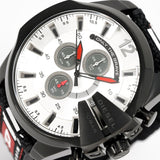 Diesel Mega Chief Chronograph Silver Dial Black Leather Strap Watch For Men - DZ4512