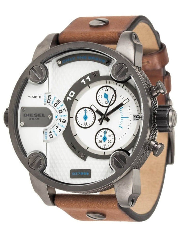 Buy Shop Diesel SBA Dual Time Chronograph White Dial Brown Leather Strap Watch For Men - DZ7269 USA Online