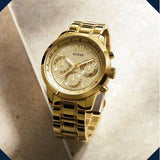 Guess Sunrise Chronograph Gold Dial Gold Steel Strap Watch For Women - W0330L1