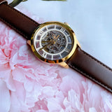 Buy Shop Fossil Townsman Automatic Skeleton Gold Dial Brown Leather Strap Watch for Men - ME3043 USA Online