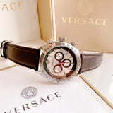 Versace Classic Chronograph Quartz Silver Dial Brown Leather Strap Watch For Men - VEV700119