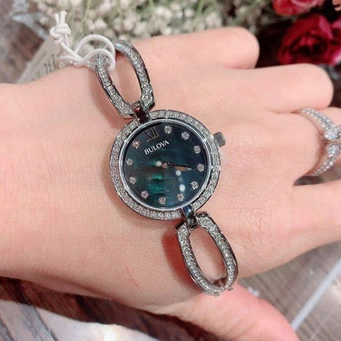 Buy Shop Bulova Crystal Black Mother of Pearl Dial Silver Steel Strap Watch for Women - 96L224 USA Online