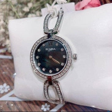 Buy Shop Bulova Crystal Black Mother of Pearl Dial Silver Steel Strap Watch for Women - 96L224 USA Online
