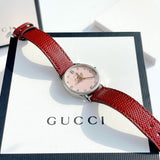 Gucci G Timeless Quartz Diamonds Pink Dial Red Leather Strap Watch For Women - YA1265017