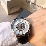 Buy Shop Emporio Armani Meccanico Silver Skeleton Dial Black Leather Watch For Men - AR1997 USA Online