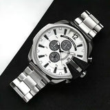 Diesel Mega Chief Chronograph Silver Dial Silver Steel Strap Watch For Men - DZ4501