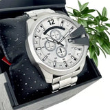 Diesel Mega Chief Chronograph Silver Dial Silver Steel Strap Watch For Men - DZ4501