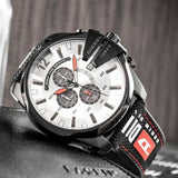 Diesel Mega Chief Chronograph Silver Dial Black Leather Strap Watch For Men - DZ4512