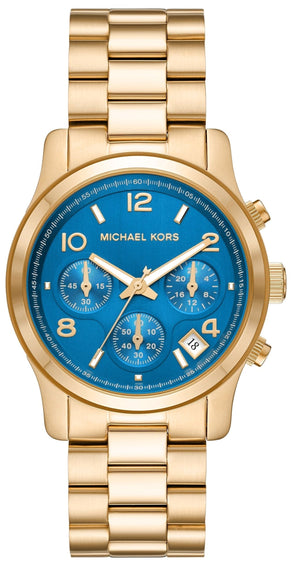 Buy Shop Michael Kors Runway Chronograph Blue Dial Gold Steel Strap Watch For Women - MK7353 USA Online