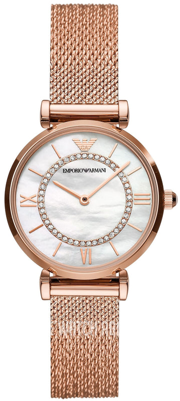 Buy Shop Emporio Armani Gianni T Bar Mother of Pearl Dial Rose Gold Mesh Bracelet Watch For Women - AR11320 USA Online