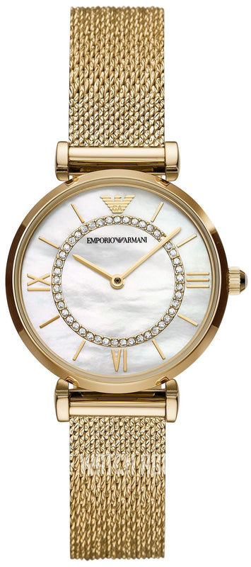 Buy Shop Emporio Armani Gianni T Bar Mother of Pearl Dial Gold Mesh Bracelet Watch For Women - AR11321 USA Online