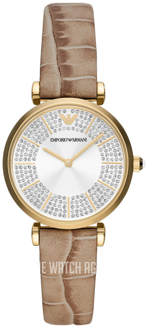 Buy Shop Emporio Armani Gianni T Bar Crystals Silver Dial Brown Leather Strap Watch For Women - AR11518 USA Online