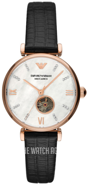 Buy Shop Emporio Armani Gianni T Bar Mother of Pearl White Dial Black Leather Strap Watch For Women - AR60047 USA Online