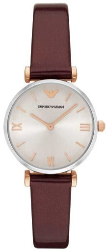 Buy Shop Emporio Armani Gianni T-Bar Quartz Silver Dial Brown Leather Strap Watch For Women - AR11061 USA Online