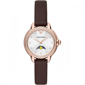 Buy Shop Emporio Armani Mia Moonphase Silver Dial Brown Leather Strap Watch For Women - AR11568 USA Online